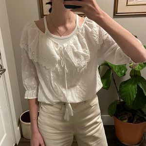 Cottagecore Eyelet 100% Cotton White Blouse Floral Detail